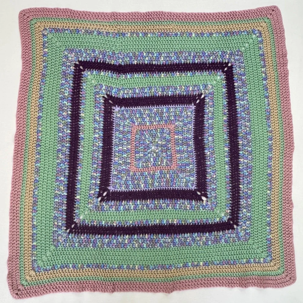 Handmade Crochet Baby Blanket Green Pink Purple Boho Granny Square 38x38